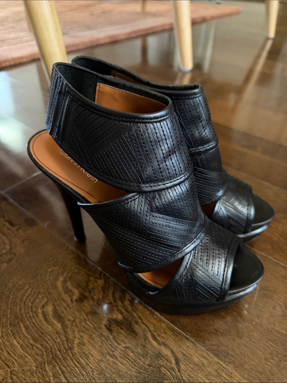 Calvin Klein Black Leather Strappy High Heel Sandals
